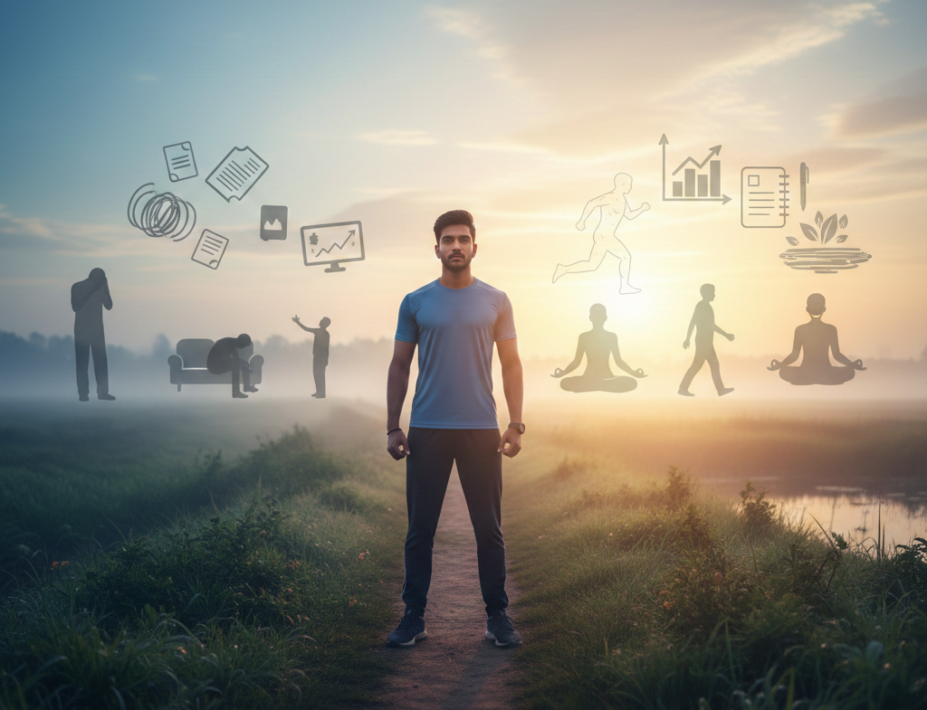 Motivational hero banner showing a young Indian man choosing health, wealth, and peace over stress and anxiety at sunrise with Hindi text Kal Kabhi Nahi Aata.