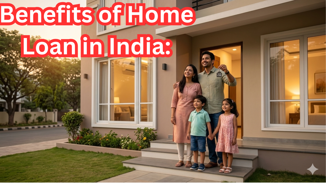 A joyful Indian family of four celebrating homeownership in front of their new house, made possible by a home loan in India.