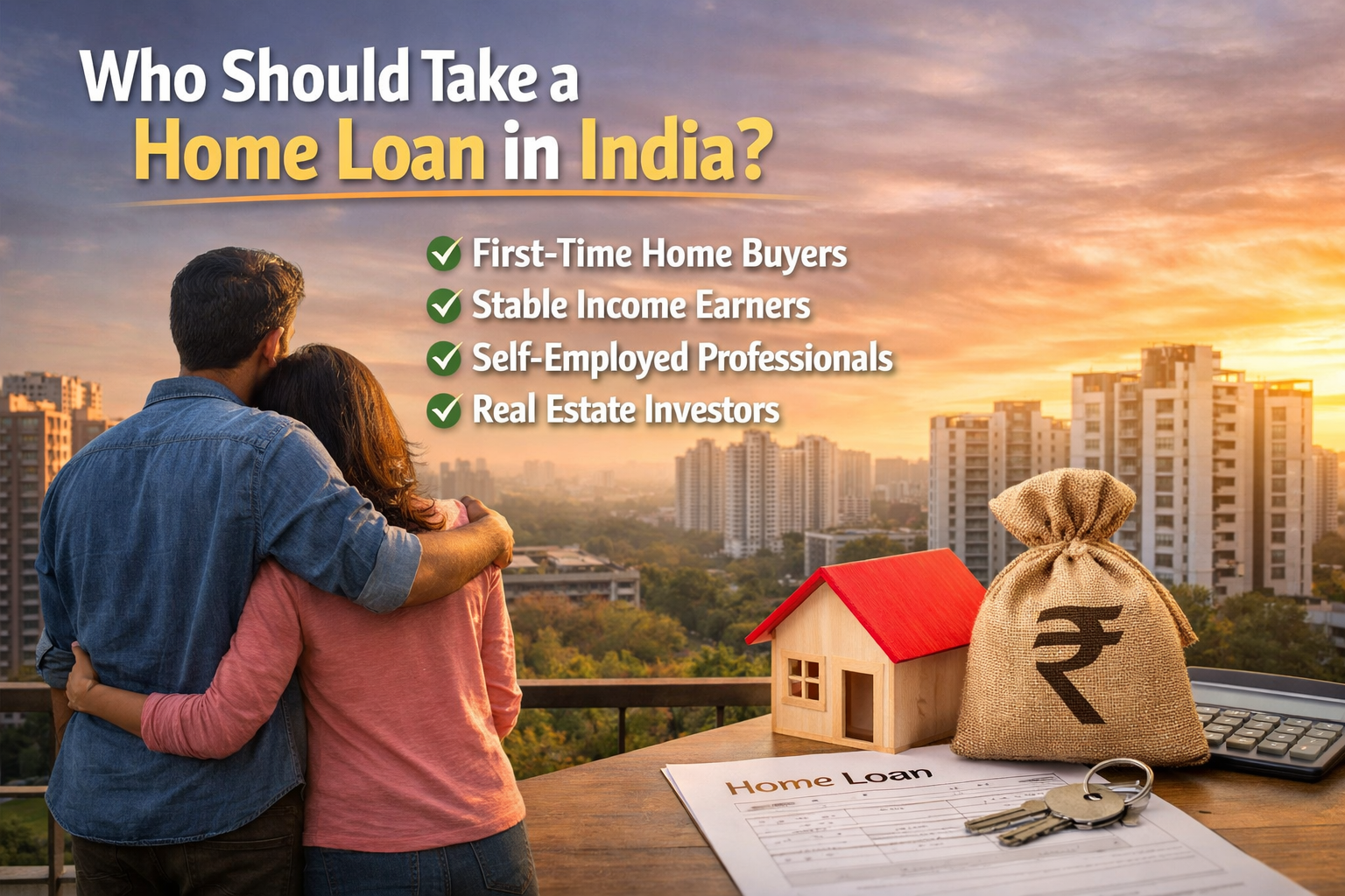 Couple planning to buy a house in India with home loan documents, house model and rupee money bag representing home loan eligibility in India