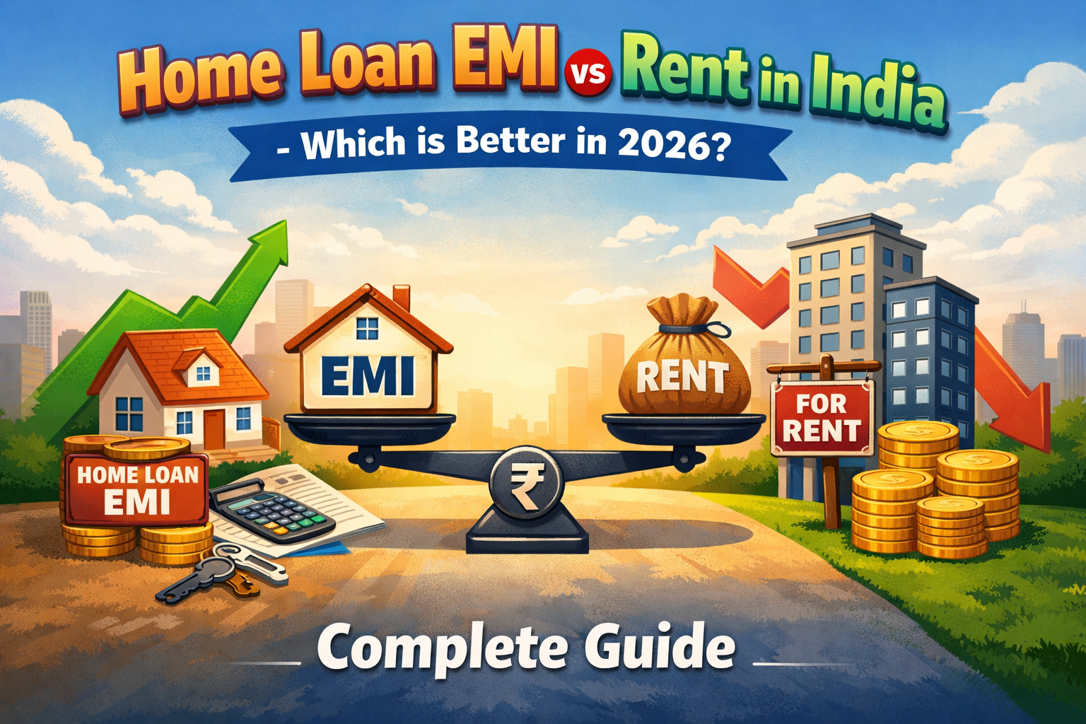 Illustration comparing home loan EMI and rent in India showing house, rent sign, and financial balance concept for 2026 decision