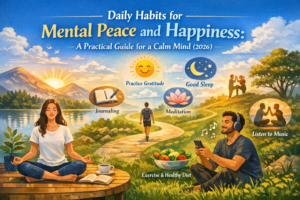 Person practicing meditation, journaling, exercise, and listening to music in a peaceful nature setting representing daily habits for mental peace and happiness