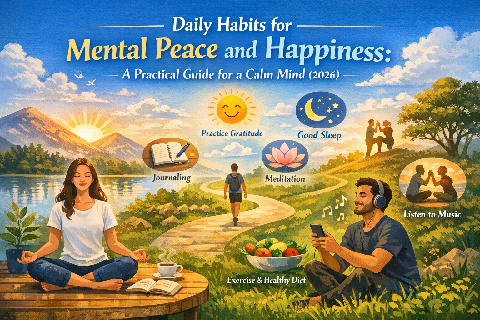 Person practicing meditation, journaling, exercise, and listening to music in a peaceful nature setting representing daily habits for mental peace and happiness