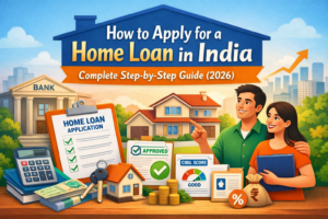 Illustration of a couple applying for a home loan in India with bank, documents, CIBIL score, and approved loan concept How to Apply for a Home Loan in India – Step-by-Step Guide (2026)