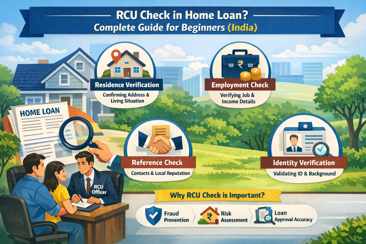 Landscape infographic explaining RCU check in home loan process in India, including residence verification, employment check, identity verification, and fraud prevention steps