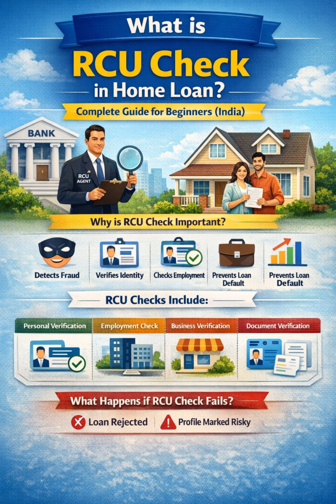 infographic explaining RCU check in home loan process in India, including residence verification, employment check, identity verification, and fraud prevention steps