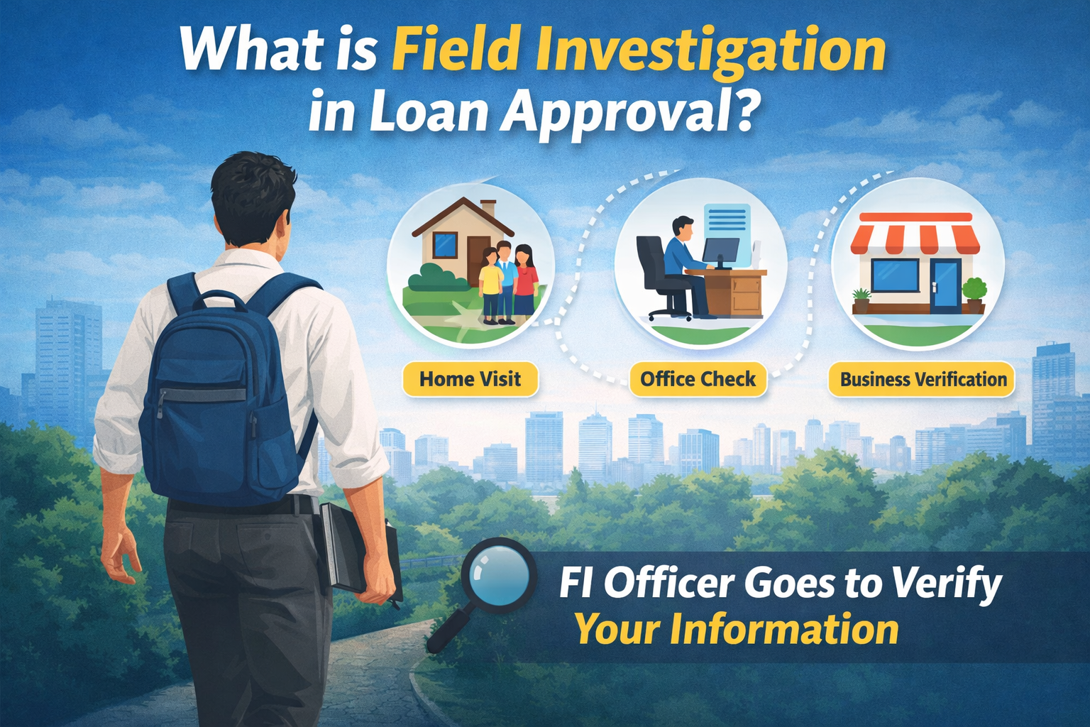 Illustration of a field investigation officer with a backpack visiting locations to verify home, office, and business details during loan approval process