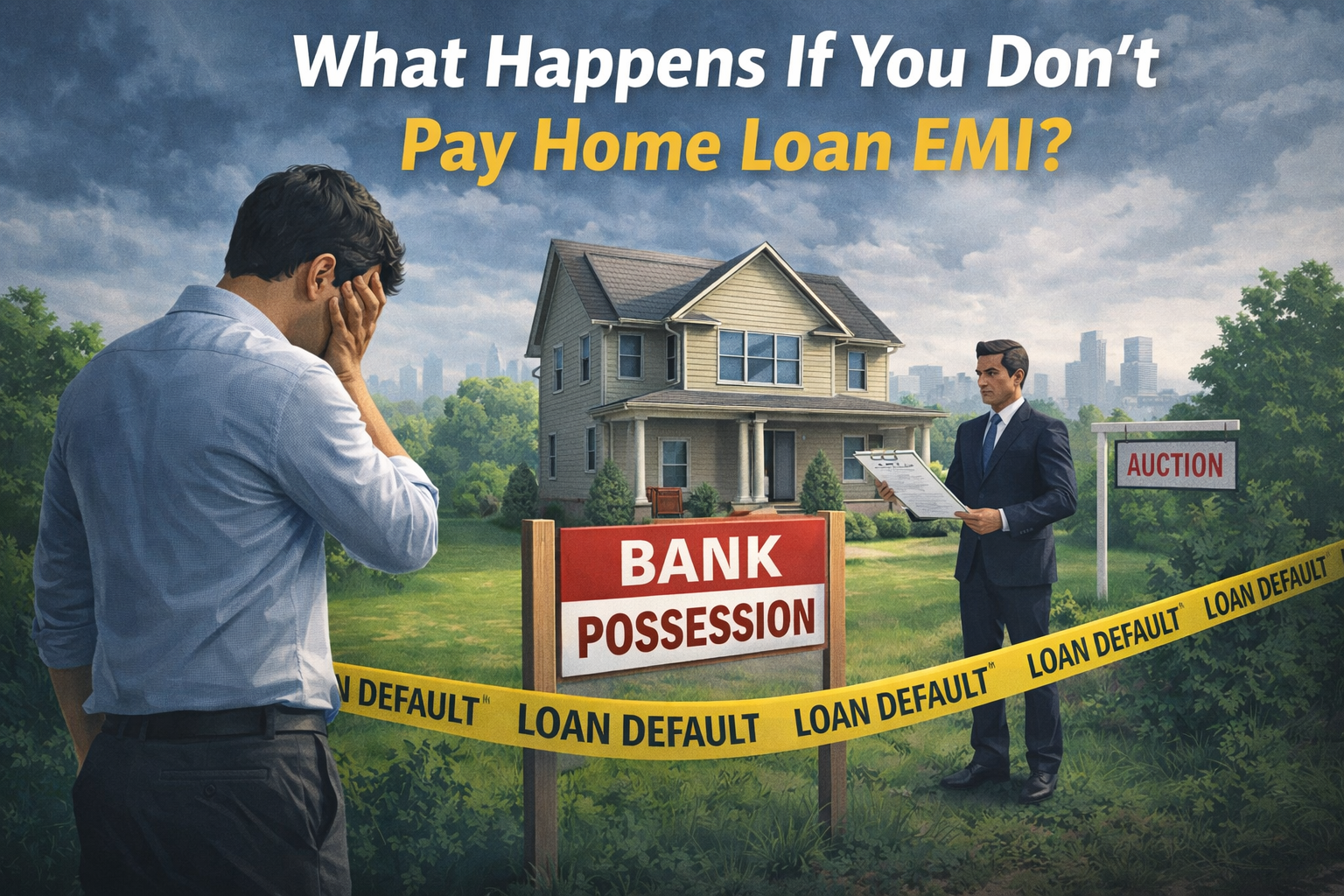Realistic scene showing a worried man outside his house with bank possession notice and loan default warning after missing home loan EMI payments in India