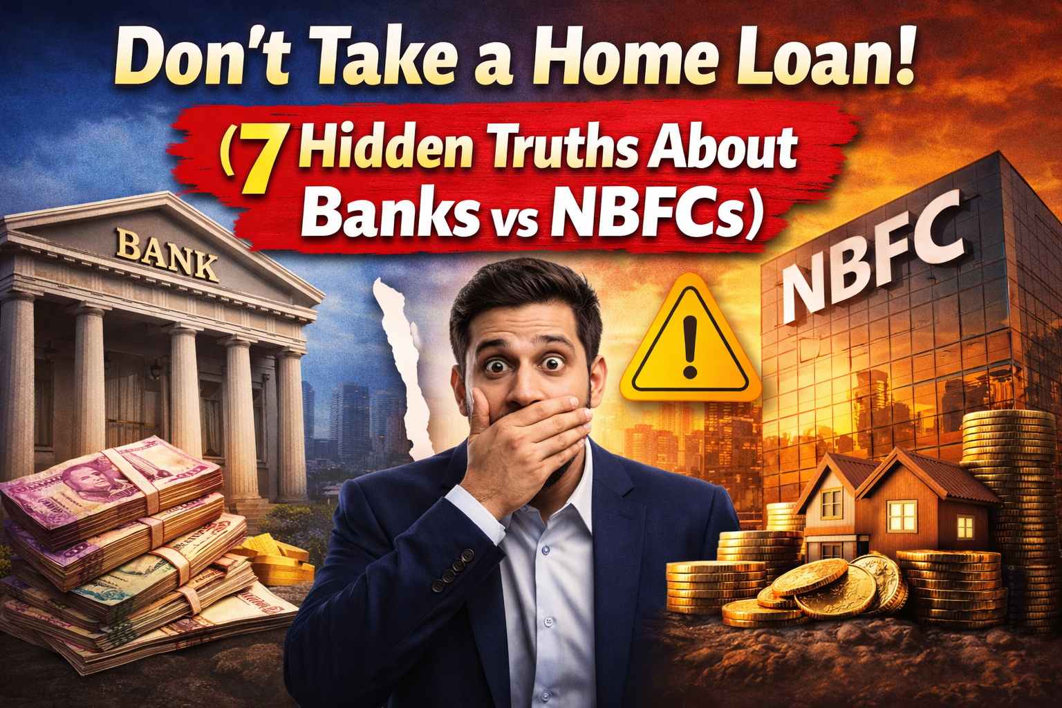 Thumbnail showing comparison between bank and NBFC for home loan with bold text highlighting 7 hidden truths borrowers should know before applying