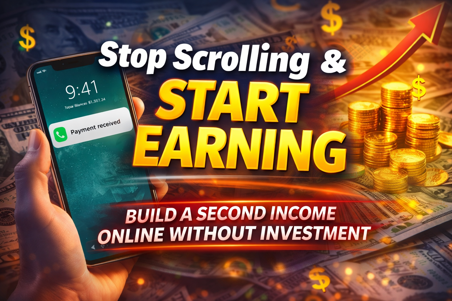 Stop scrolling start earning concept showing mobile payment received notification with money, coins and growth arrow representing online income without investment