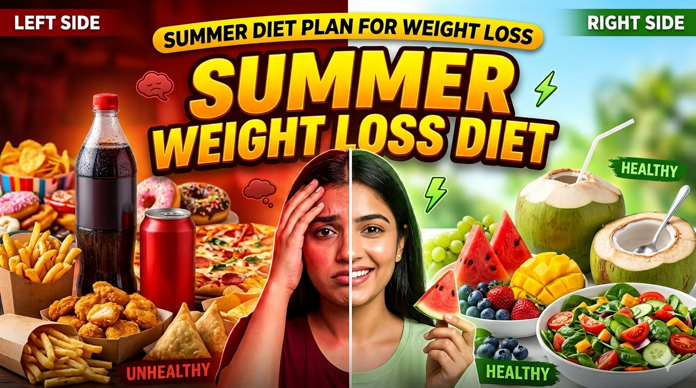 A high-contrast split-screen image showing an unhealthy left side with fried snacks and a dark soda bottle versus a healthy right side with fresh summer fruits, salad, and coconut water, featuring a woman showing emotional contrast.