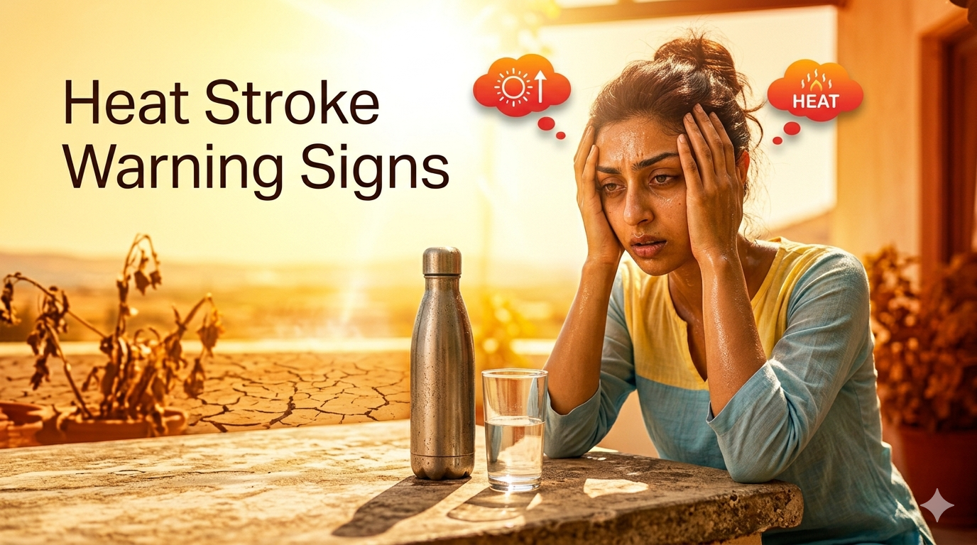 A realistic digital illustration of a woman sitting at a table outdoors in extreme summer heat, looking exhausted and sweaty, with a water bottle and glass in front of her under bright, harsh sunlight.