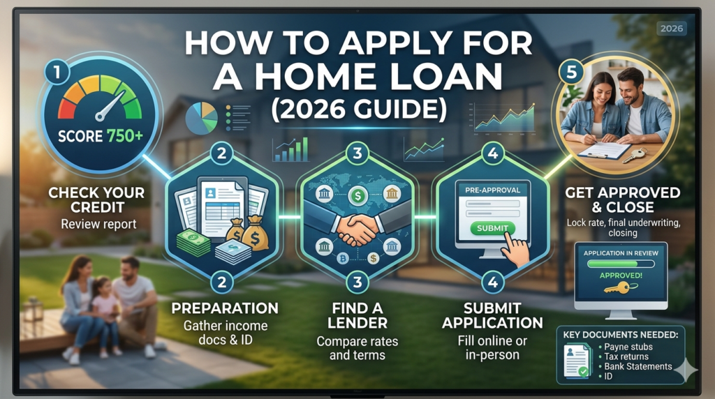 A professional landscape infographic titled "How to Apply for a Home Loan (2026 Guide)." The image features a step-by-step visual flow: checking credit scores, preparing documents, finding a lender, submitting an application, and final approval. The background shows a modern family home and a happy couple, with icons representing financial data, bank statements, and a digital approval screen.