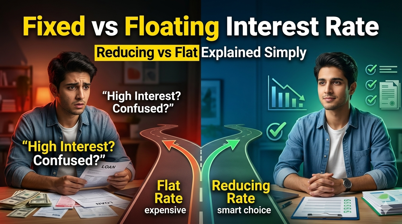 A split-screen comparison showing a worried man with loan bills on a dark red side (Flat Rate) and a confident man with organized financial documents on a blue side (Reducing Rate), with bold text "Fixed vs Floating Interest Rate."