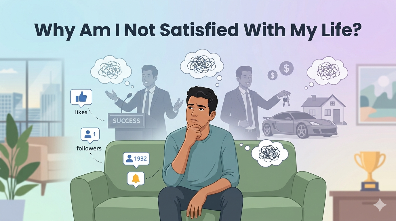 A digital illustration of a young man sitting on a sofa looking thoughtful and stressed, surrounded by floating social media icons, tangled thought bubbles, and faint shadow figures representing luxury and success.