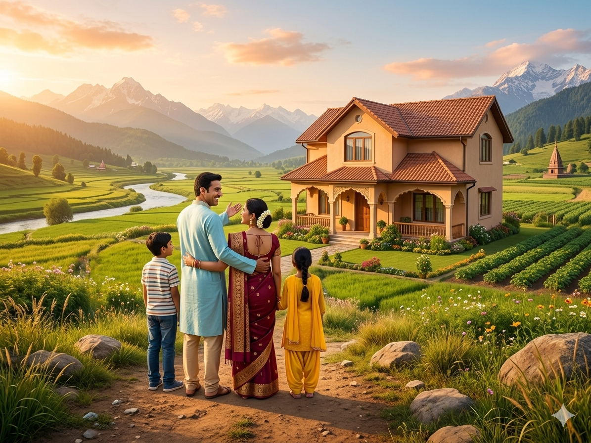 An Indian family standing together and proudly admiring their newly built home in a scenic mountain landscape.