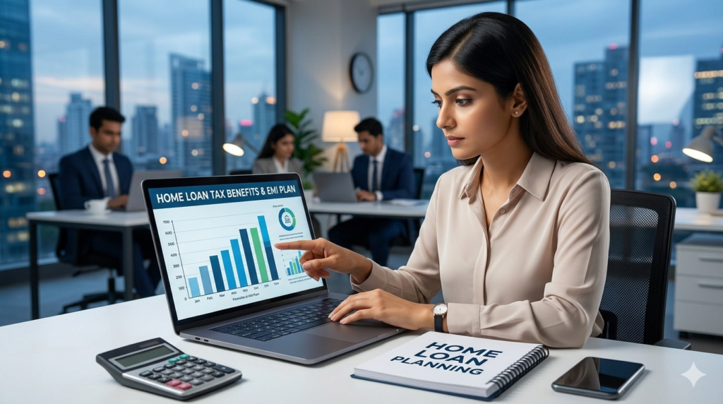 A professional Indian woman financial advisor pointing at a laptop screen showing a chart titled "HOME LOAN TAX BENEFITS & EMI PLAN".