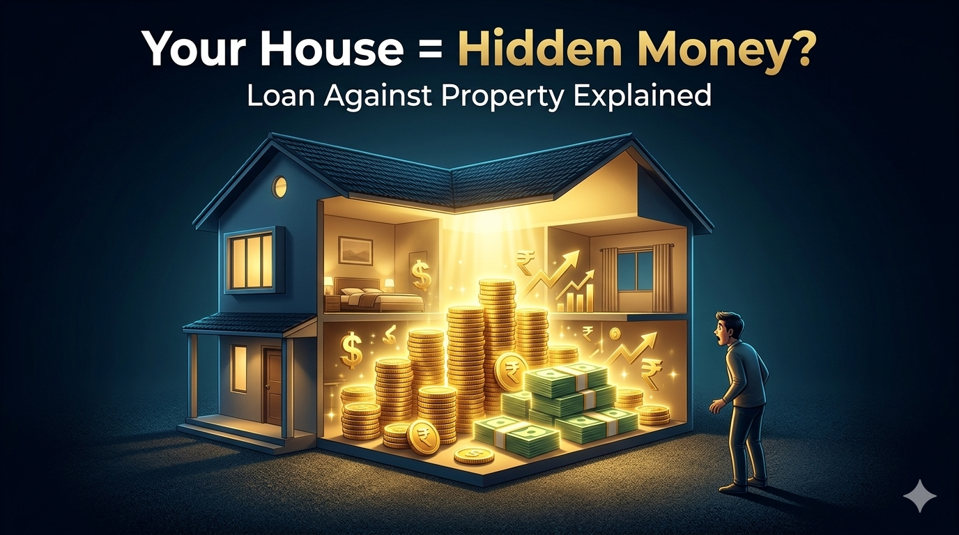 A cross-section of a modern house showing stacks of glowing gold coins and cash inside, with a shocked man looking on from a dark background, featuring the text "Your House = Hidden Money?".