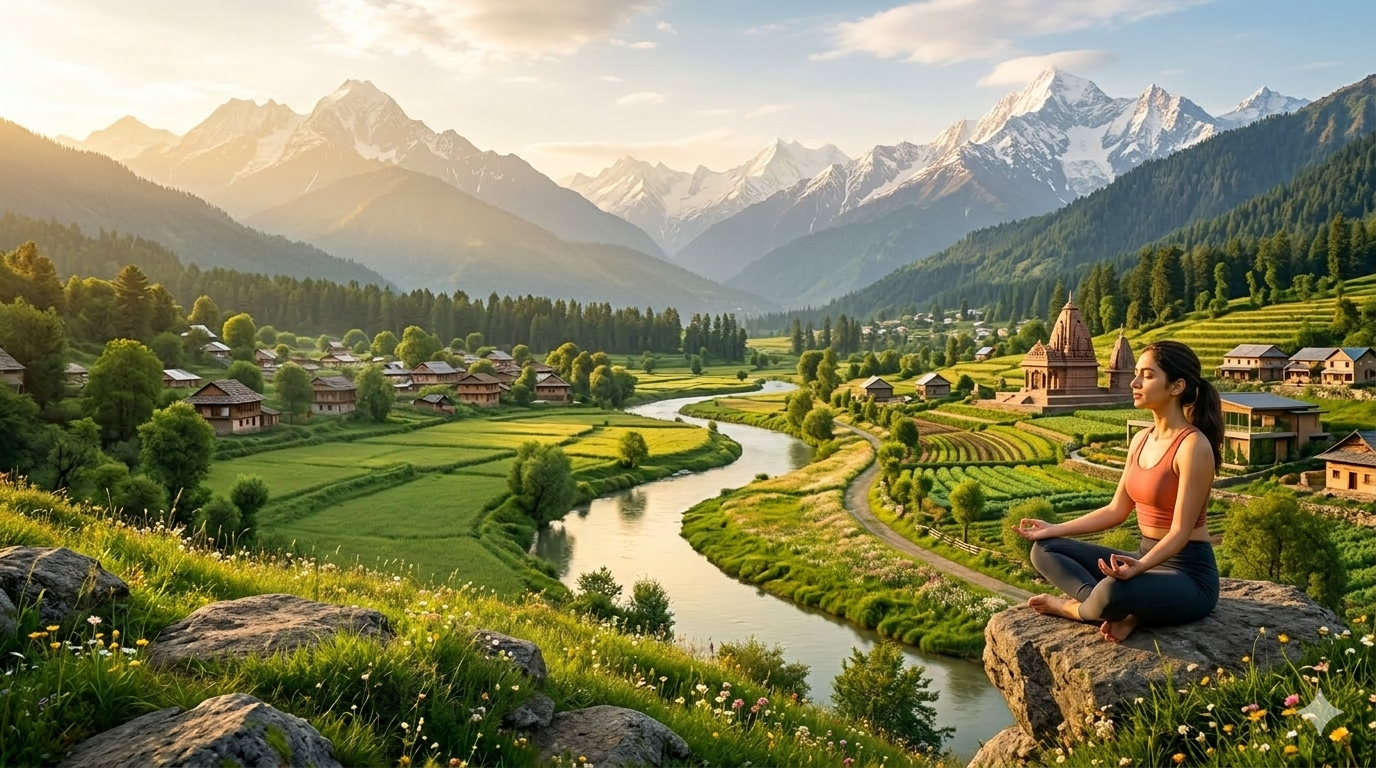 A woman meditating on a rock overlooking a serene mountain valley with a winding river, green fields, and a traditional temple at sunrise.