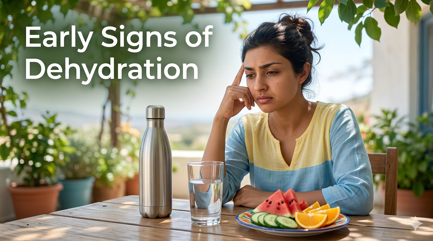 person showing early signs of dehydration tired face with water bottle summer hydration health concept