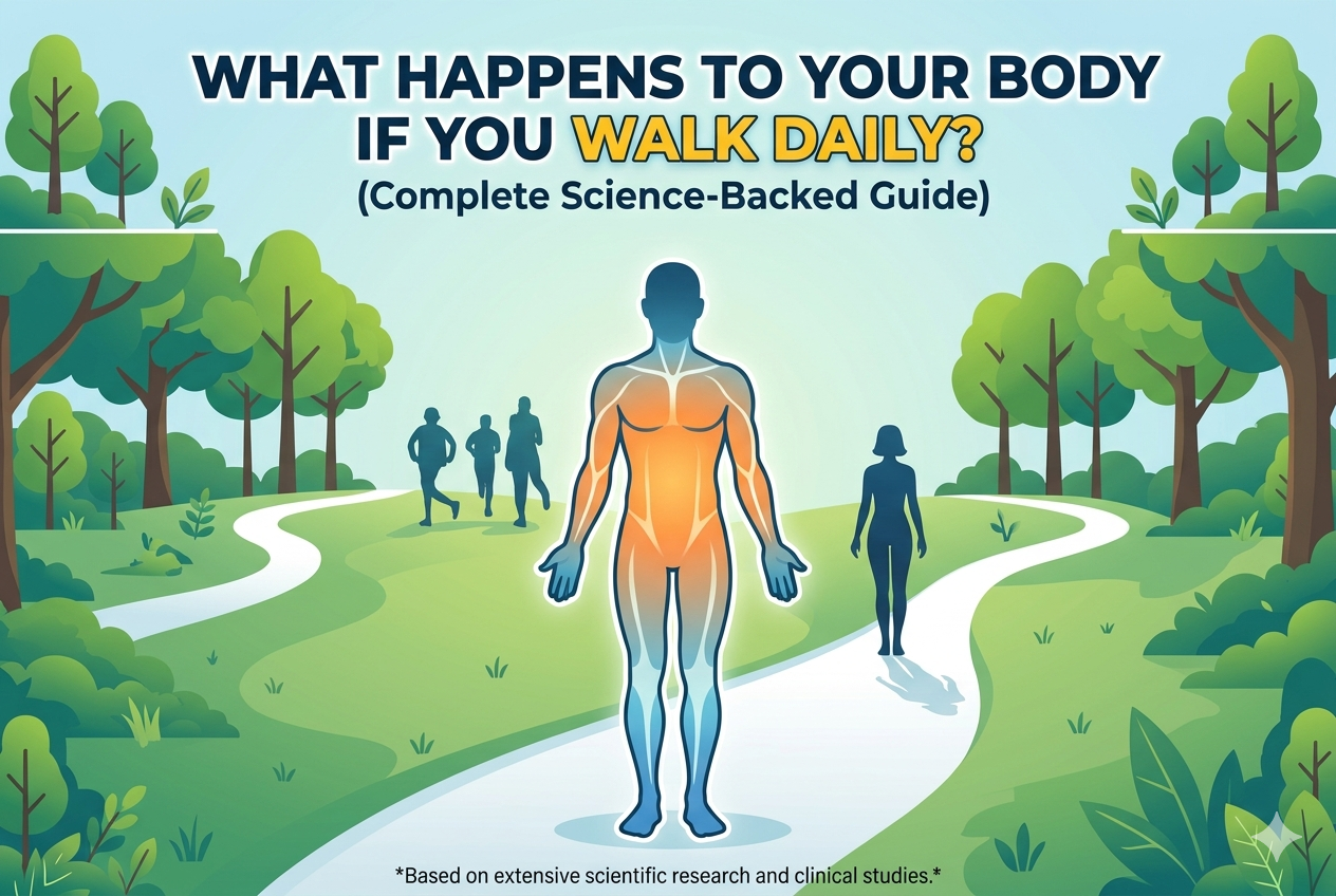 Infographic banner showing a human figure on a walking path in a park with the text: "What Happens to Your Body If You Walk Daily? (Complete Science-Backed Guide)"