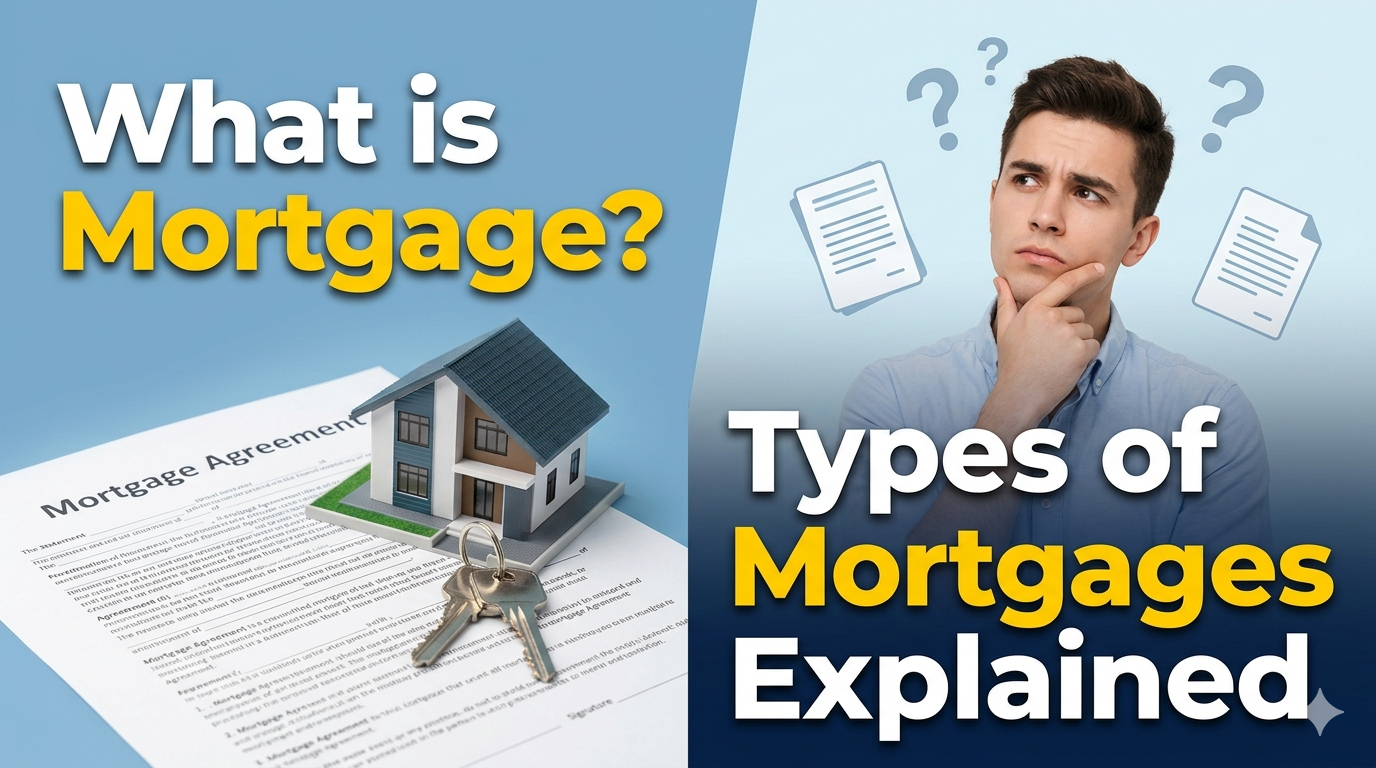 A split-screen finance infographic showing a modern house model on a "Mortgage Agreement" document with keys, and a confused young man thinking, featuring bold text "What is Mortgage?" and "Types of Mortgages Explained."