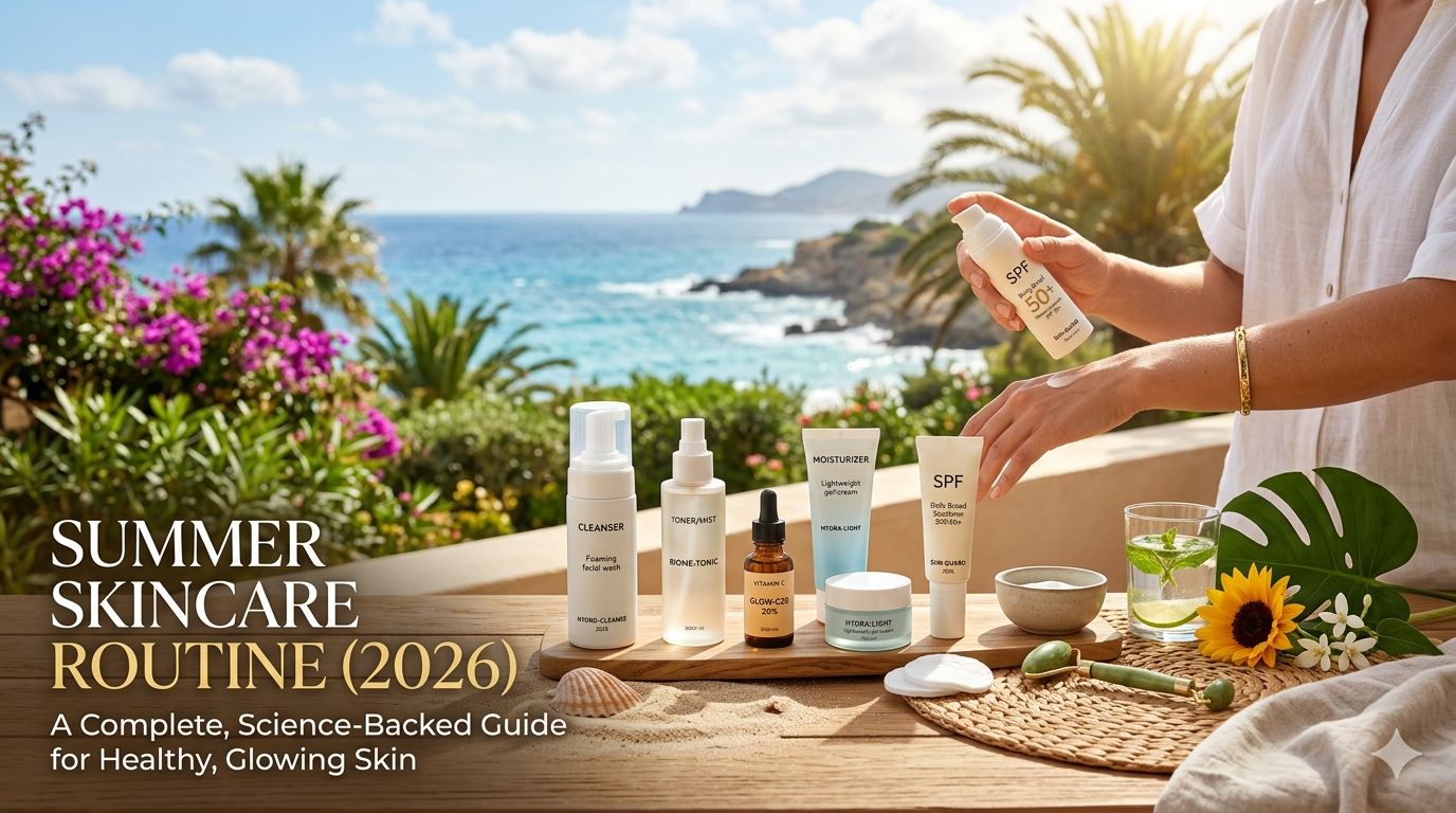 A landscape photo of a luxury summer skincare routine set on a wooden table overlooking a Mediterranean coast. The scene includes a foaming cleanser, Vitamin C serum, lightweight moisturizer, and SPF 50+, alongside a jade roller and a glass of infused water.
