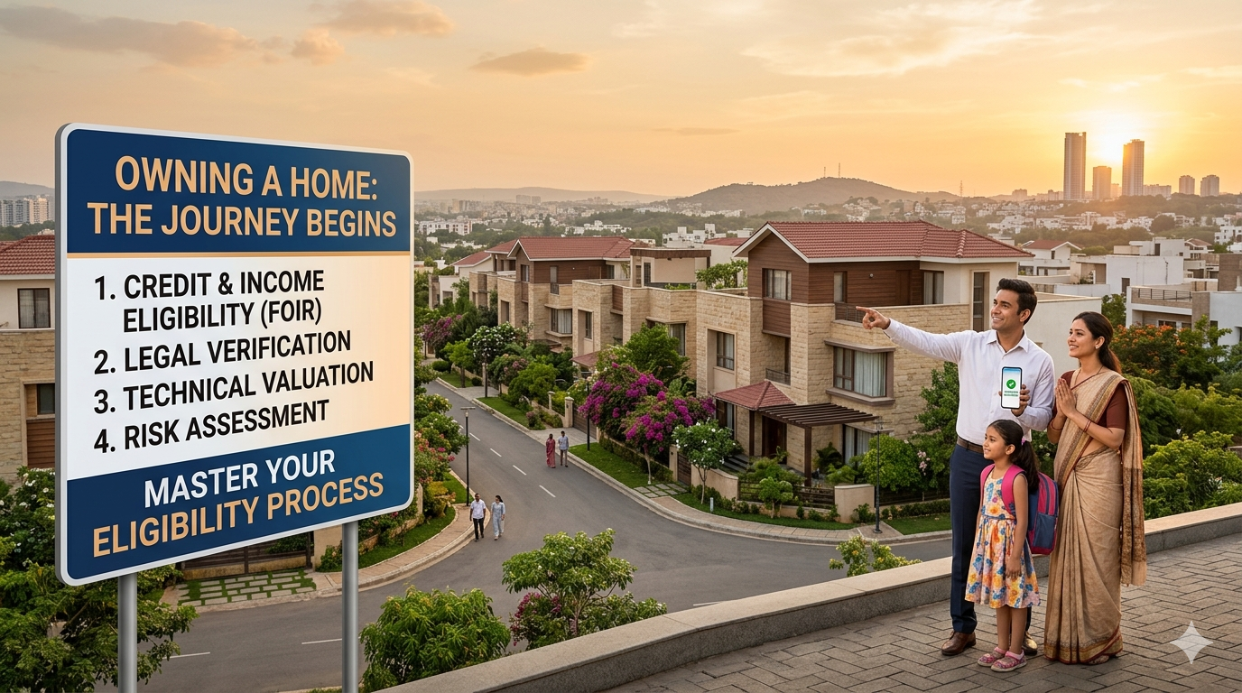 A sign in front of modern Indian houses detailing 4 key home loan eligibility pillars: Credit & Income (FOIR), Legal Verification, Technical Valuation, and Risk Assessment. A joyful Indian family looks on.
