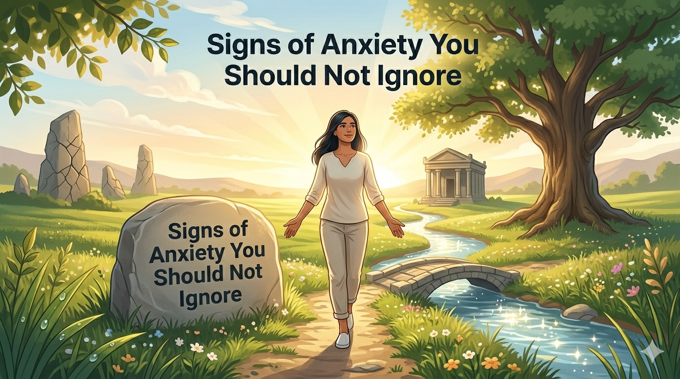 A peaceful digital illustration of a woman walking confidently on a sunlit path in a lush green landscape, with a stone in the foreground engraved with the text "Signs of Anxiety You Should Not Ignore."