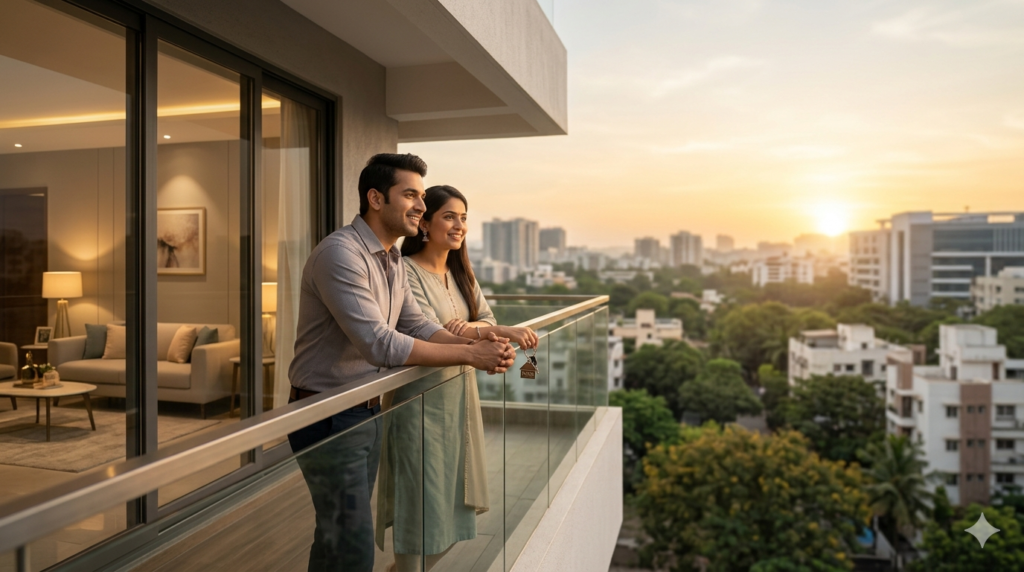 young Indian couple smiling and looking at the city skyline from the balcony of a modern apartment during sunset, holding house keys.
