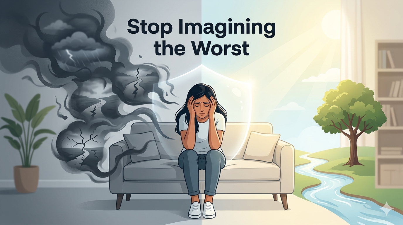 A digital illustration of a woman sitting on a sofa, split between two worlds: one side filled with dark storm clouds and cracked paths representing anxiety, and the other side showing a bright, peaceful landscape with a river and sunlight, symbolizing mental clarity.